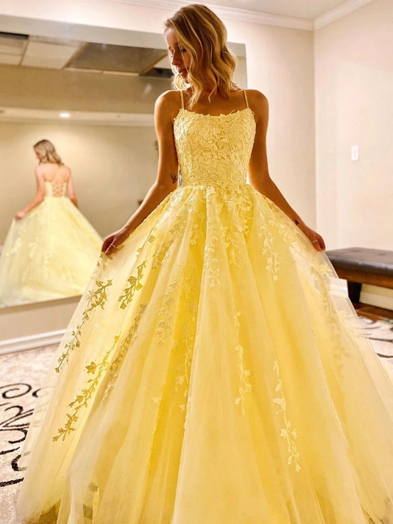 Stylish Backless Yellow Lace Long Prom ...
